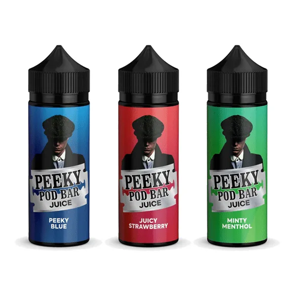 Peeky Blenders Pod Bar Juice 100ml Shortfill range: three bottles in blue, red and green