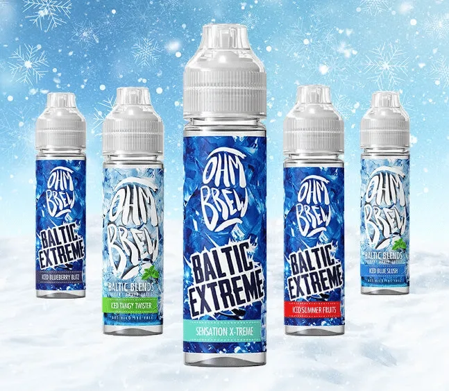 Ohm Brew Baltic Extreme 50ml Shortfill five bottles on snowy background with flavour variants