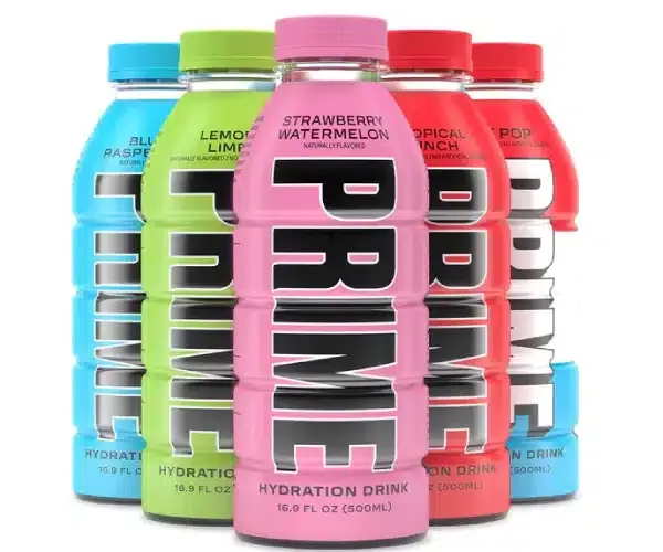 Prime Hydration 500ml range display five flavour bottles lined up