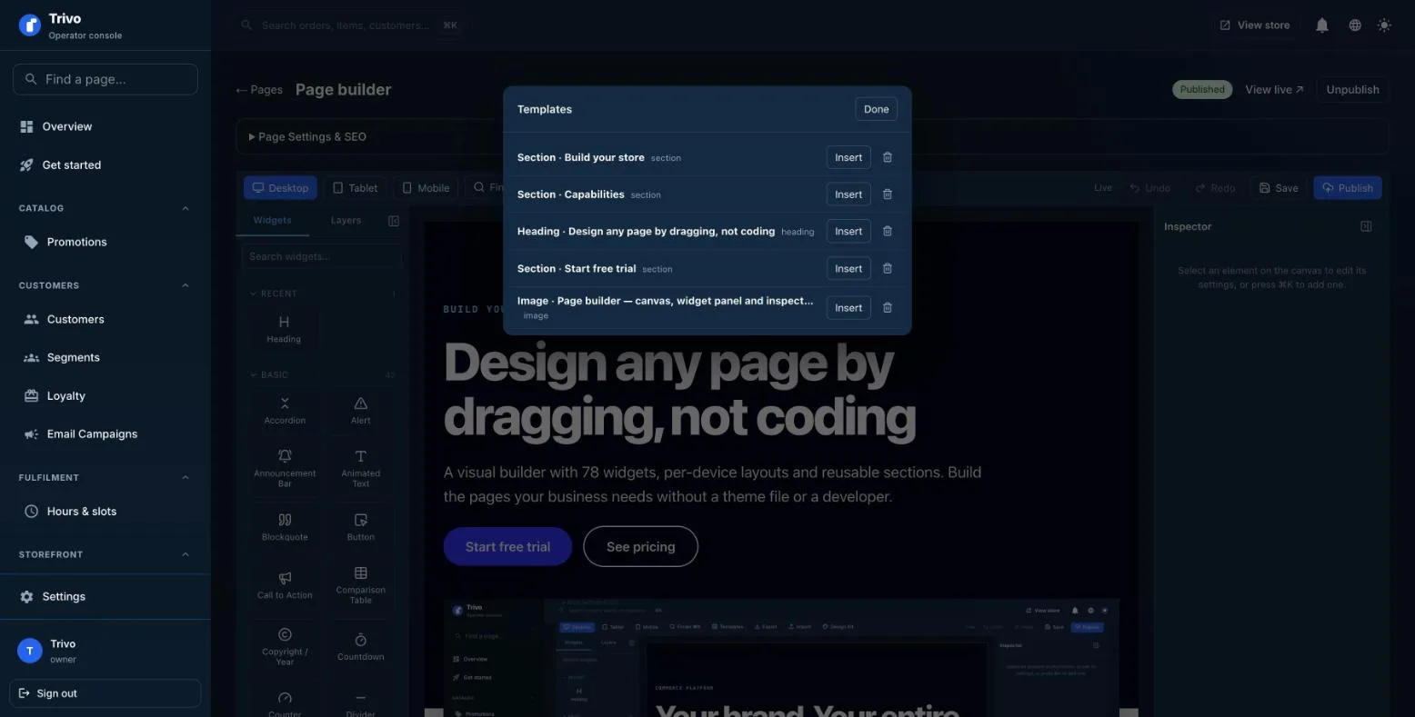 Templates panel with saved sections