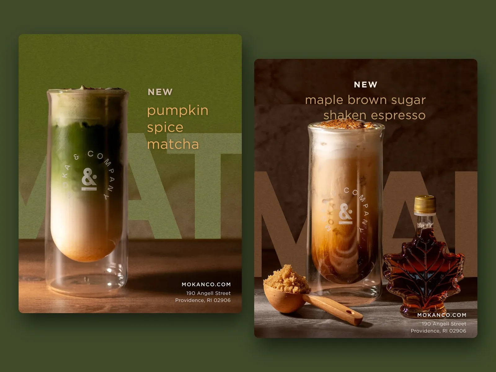 Two Moka & Co social posts announcing fall drinks, made from the café’s own product photos