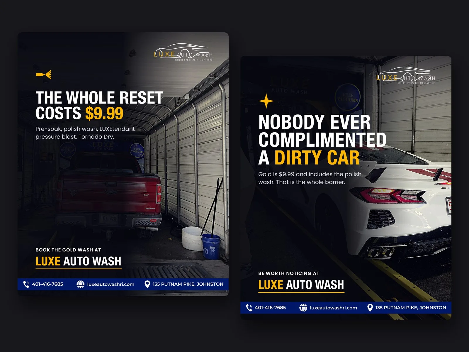Two Luxe Auto Wash social posts made from photos taken inside the wash tunnel