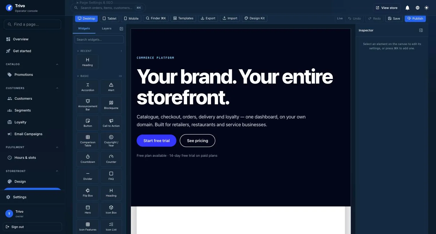 Page builder — canvas, widget panel and inspector