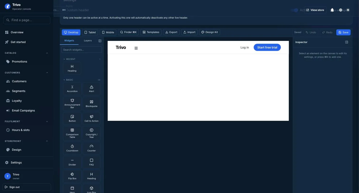 Theme part editor with a custom header