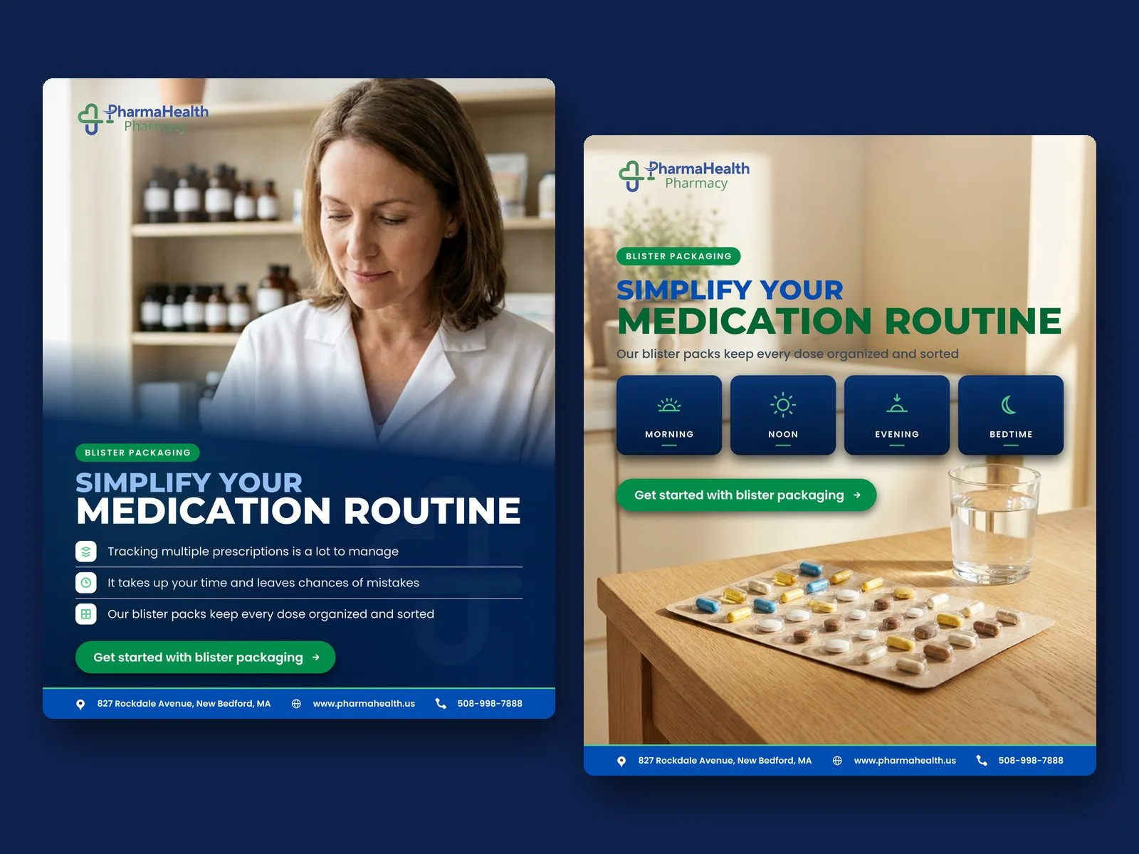 Two PharmaHealth Pharmacy social posts, one about blister packaging for prescriptions